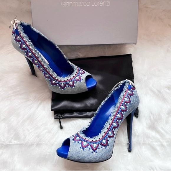 Gianmarco Lorenzi Shoes - New! GIANMATCO LORENZI Denina Embellished Denim Peep Toe Pumps